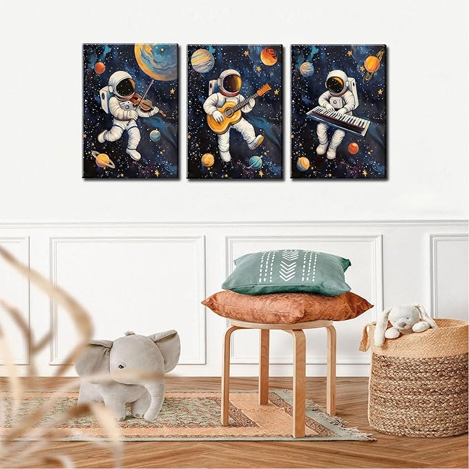 3Pcs Space Astronaut Music Canvas Wall Art Cute Astronaut Musician Decor Pictures Funny Piano Guitar Violin Posters Prints for Boys Room Girls Room Kids Room Nursery Decoration