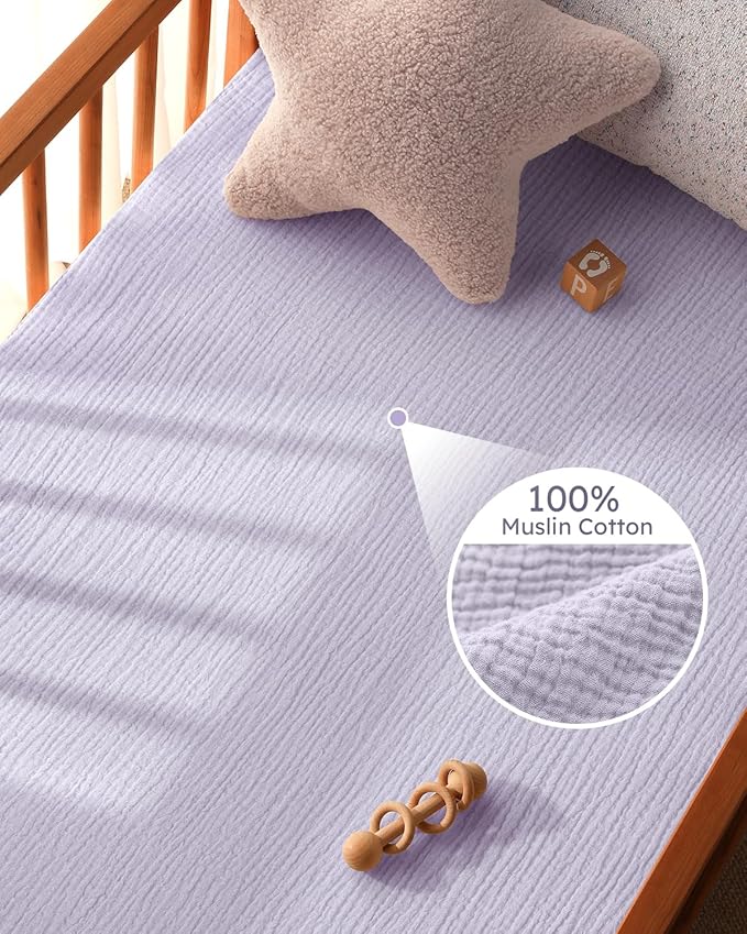 Muslin Crib Sheets for Boys Girls, 100% Cotton Fitted Crib Sheet 2 Pack for Standard Crib and Toddler Mattress, Breathable Soft Baby Sheet 28x52x8in Pink & Purple