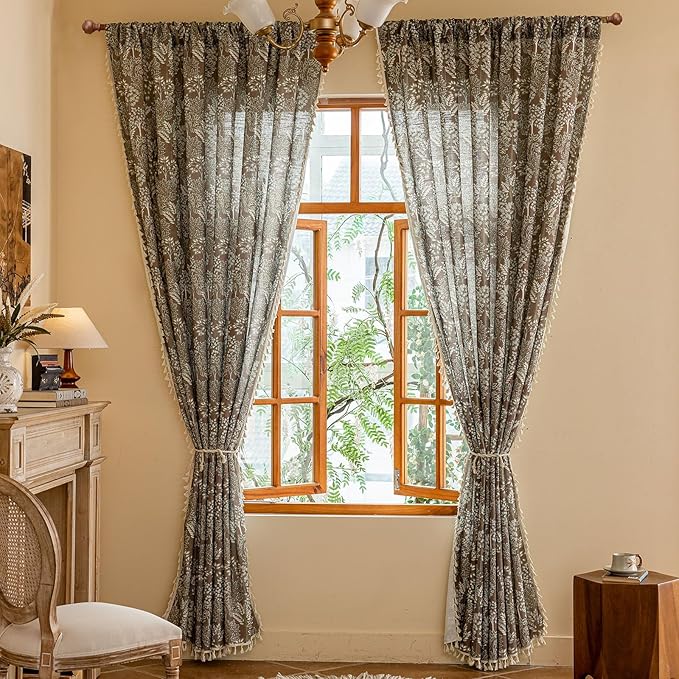 OYX Floral Curtains 84 Inch Length 2Panels for Living Room, Bedroom Light Filtering Drapes, Farmhouse Vintage Country French Tassels for Boho Pattern Rod Pocket Aesthetic Home Decor Window Treatments