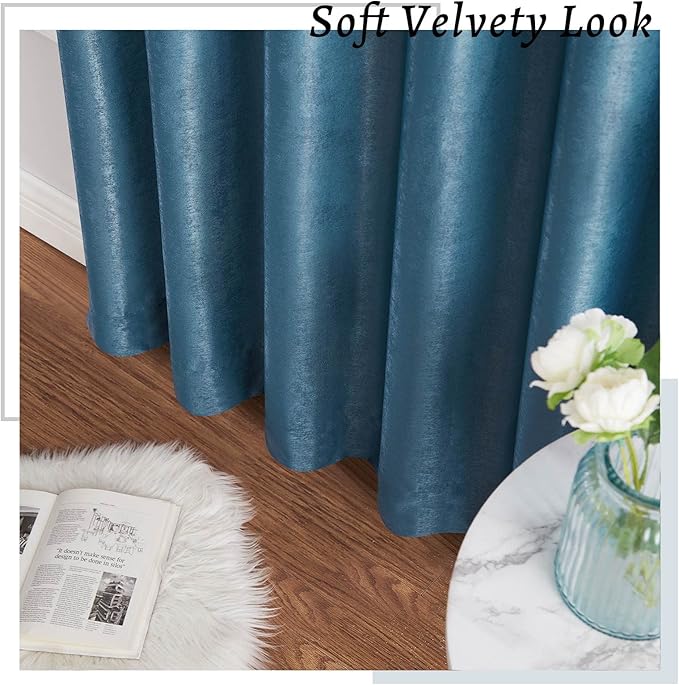 Melodieux Dark Blue Velvety Semi Sheer Curtains 96 Inch Length for Bedroom, Living Room Natural Cotton Texture Rod Pocket Window Sheer Drapes, 52 by 96 Inch (2 Panels)