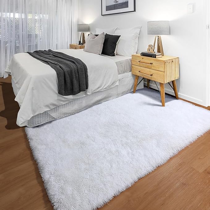 ONASAR White Rugs for Bedroom, 3x5 Fluffy Shaggy Bedside Area Rug, Washable Soft Plush Shag Small Floor Carpet for Preppy Dorm Nursery Living Room Teen Kids Girls Boys Baby Toddler Indoor Home Decor