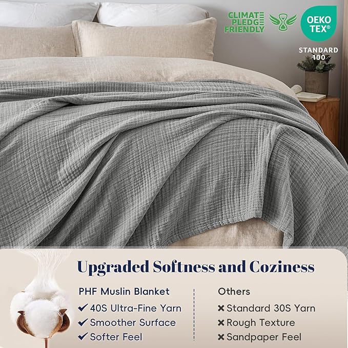 PHF 100% Cotton Muslin Blanket Queen Size 90"x90", 4-Layer Lightweight Gauze Throw, Breathable Cloud-Soft Minimalist Blanket for Bed, Couch, Camping & Baby, Grey, Ideal Gift