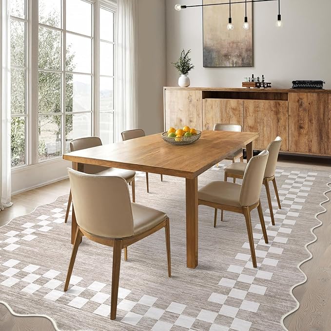 GarveeHome Area Rug 6x9 Large Living Room Modern Border Throw Rug with Rubber Backing Stain Resistant Dining Room Throw Carpet Washable Scalloped Rug for Bedroom Home Decor Office, Fog