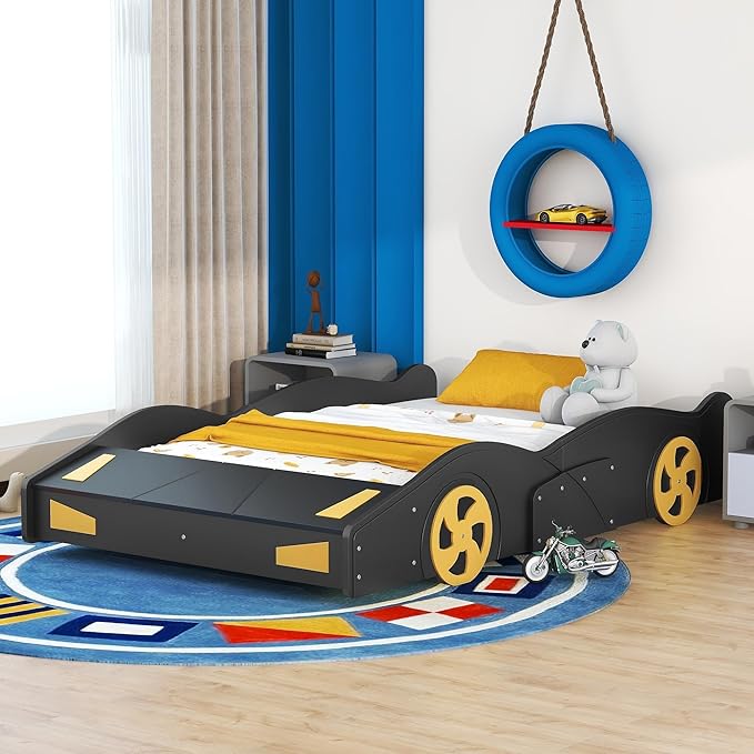 Flieks Full Size Race Car-Shaped Platform Bed Frame for Boys Girls Kids Adults Toddler with Wheels and Storage, Black+Yellow