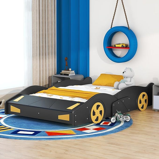 Full Size Race Car Bed for Kids, Car-Shaped Bed Frame with Wheels and Storage Footboard for Boys, Wood Slats Support,No Box Spring Needed, Black+Yellow