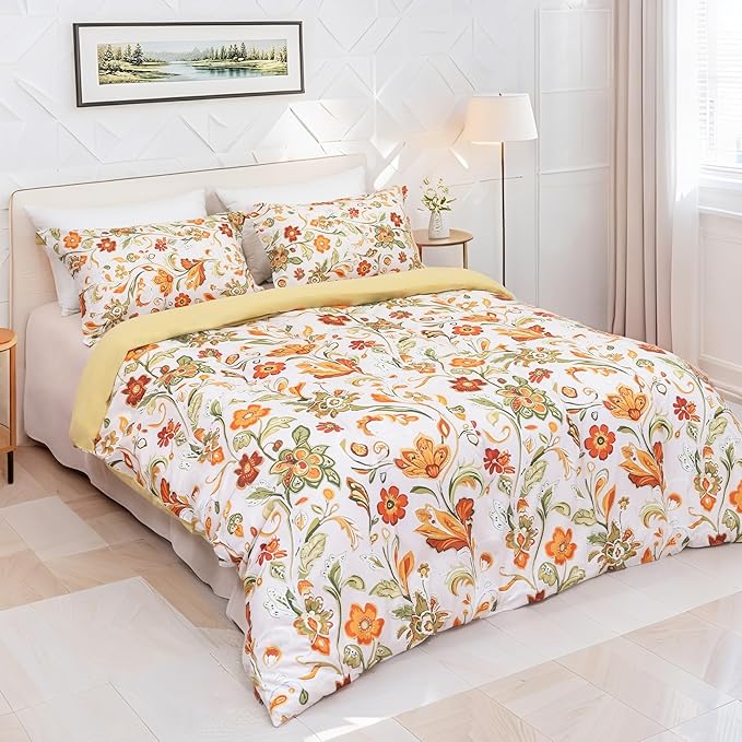 Orange Blossom Garden Duvet Cover King Size, Washed Fiber Floral Botanical Pattern Bedding Set 3Pcs, Cozy Soft Breathable Quilt Cover, Zipper + 8 Corner Ties + 2 Pillow Shams, Without Comforter