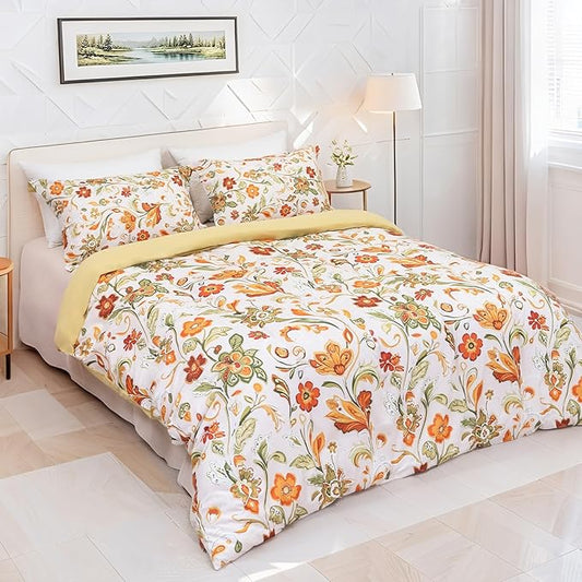 Orange Blossom Garden Duvet Cover King Size, Washed Fiber Floral Botanical Pattern Bedding Set 3Pcs, Cozy Soft Breathable Quilt Cover, Zipper + 8 Corner Ties + 2 Pillow Shams, Without Comforter