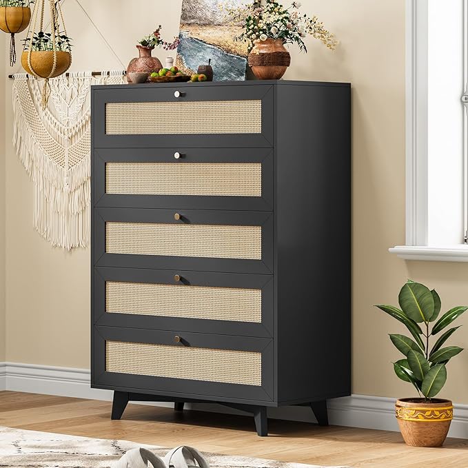 AOGLLATI Black Rattan Dresser for Bedroom with 5 Drawer, Modern Double Wooden Tall Bedroom Dresser, Chest of Drawers with Metal Handle & Solid Wood Legs for Bedroom/Living Room, Black