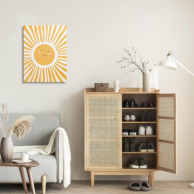 XWELLDAN Cute Cartoon Smiling Sun Cheerful Nursery Wall Art Canvas Prints,Watercolor Boho Neutral Sun Sunshine Wall Art Decor for Kids Baby Bedroom Nursery Playroom, 11 x 14 Inch, Framed