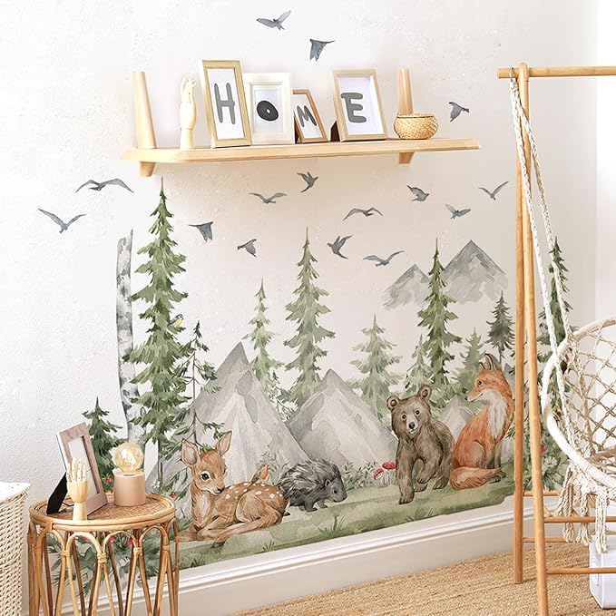 4 Sheet of 36x12 inch Mountain Forest Wall Decal Woodland Bear Fox Deer Peel and Stick Wallpaper for Kids Boys Bedroom Nursery Playroom Large DIY Watercolor Animal Tree Mural Wall Art Decor