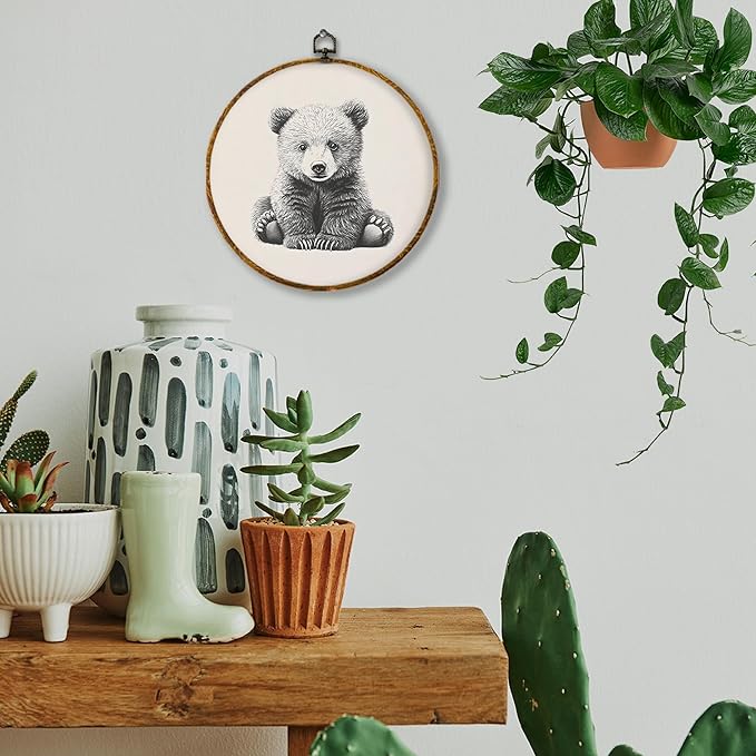 Hiuwevt Vintage Bear Round Wall Art Decor, Cottagecore Neutral Bear Framed Canvas Prints, Retro Forest Wild Animal Round Wall Hanging Decor for Home Nursery Kids Bedroom Decorations, 10x10 Inches