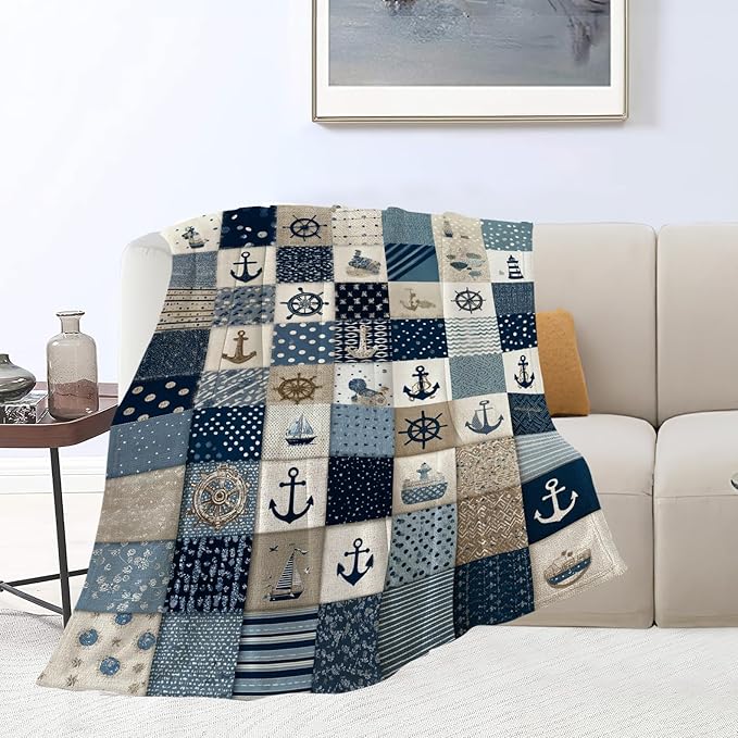 Nautical Blanket Ocean Sea Throw Blanket Sailboat Anchor Soft Cozy Fleece Fuzzy Stuffed Plush Flannel Gifts for Girls Women Boys Kids Adults 60"X80"