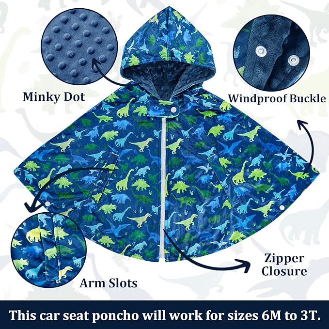 TANOFAR Baby Car Seat Poncho, Car Seat Cover Girls Boys, Toddler Hooded Poncho Cloak, Fall Autumn Winter Cozy Cape Blanket for Kids, Outwear Double Layer Soft Comfortable(Dinosaur)