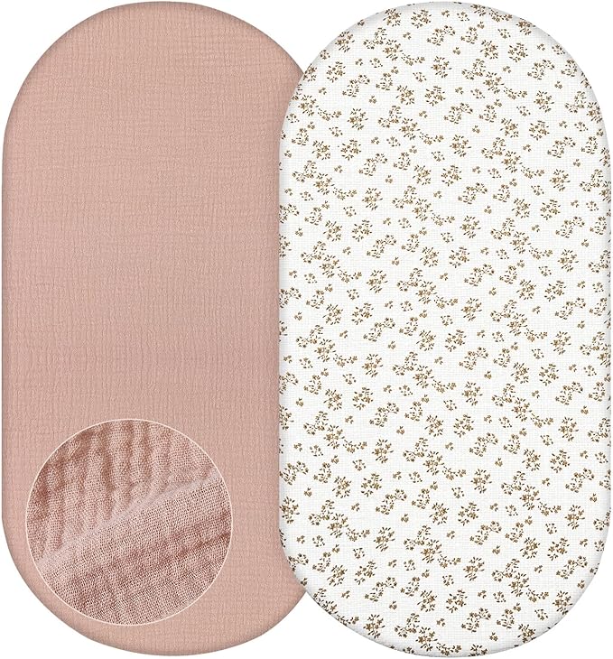 Basumee Muslin Bassinet Sheets for Baby Girl Boy 2 Pack Soft Breathable Baby Bedside Bassinet Fitted Sheets with Bottom Elastic Band 33''x17''x4'' Mattress Cover for Rectangle Oval Hourglass Bassinets
