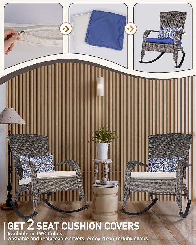 Outdoor Rocking Chair, Rattan Patio Rocker Chairs with Cushions and Steel Frame, Outdoor Rocker Chair with 2 Replaceable Cushion Covers, Rocking Chair for Porch Garden Backyard