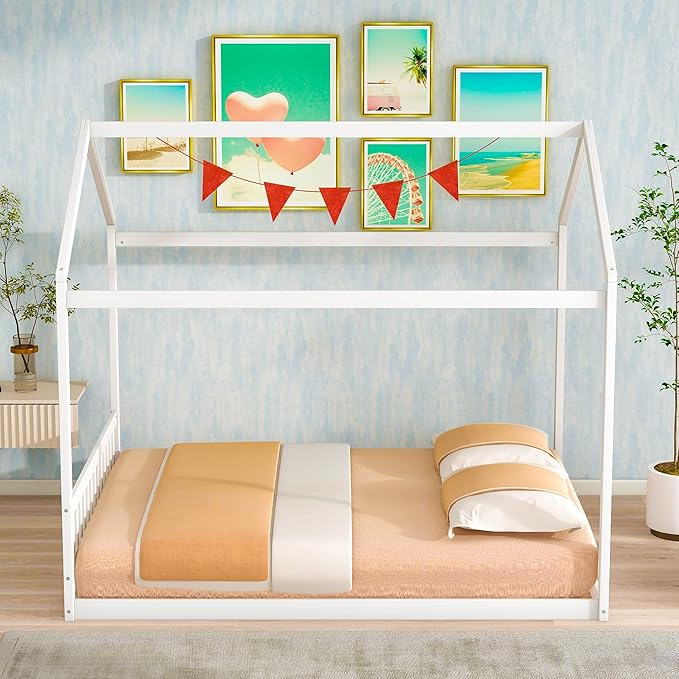 Bellemave Queen House Bed with Roof Wood Montessori Floor Beds for Kids Wood House Floor Bed Frame for Girls Boys Teens Adults, No Spring Box Needed, White