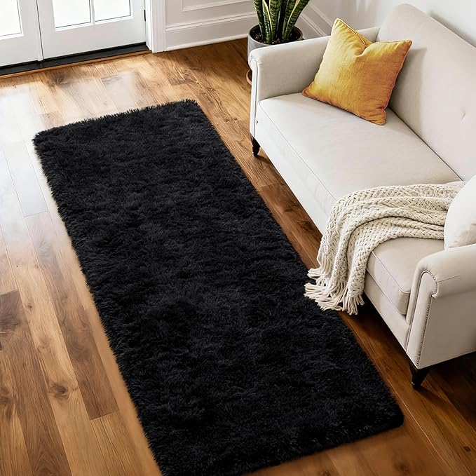 Merelax Soft Fluffy Rugs for Bedroom Living Room, 2x6 Hallway Runner Rugs, Furry Shag Bedside Area Rug Indoor Accent Floor Carpet, Plush Fuzzy Rug for Dorm Nursery Kids Room Decor, Black