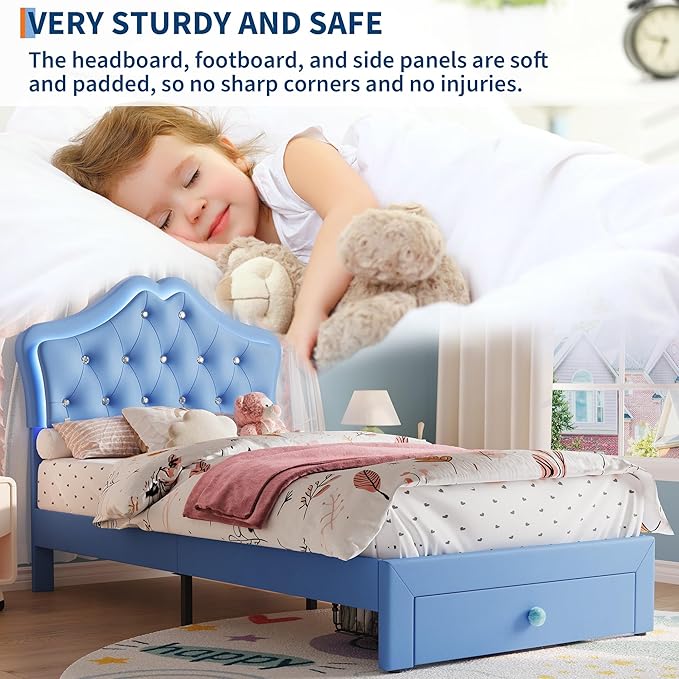 Garvee Twin Size Bed Frame with LED Lights & Velvet Crystal Button Headboard, Upholstered Boy/Girl Platform Bed with Storage Drawer, Noise Free, No Box Spring Needed for Kids, Teens, Blue