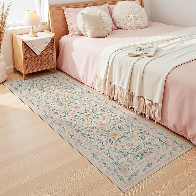 Pink Floral Runner Rug for Hallways Kitchen Rug,2x6 Washable Non Slip Rugs with Rubber Backing,Boho Soft Carpet Runner for Laundry, Bedroom
