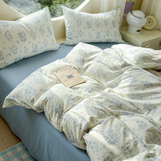 LifeTB Muslin Duvet Cover Set Twin Vintage Botanical Floral Duvet Cover 100% Cotton Linen Feel Flower Bedding Set Super Soft Gauze Comforter Cover Breathable Lightweight Cottagecore Bedding Set
