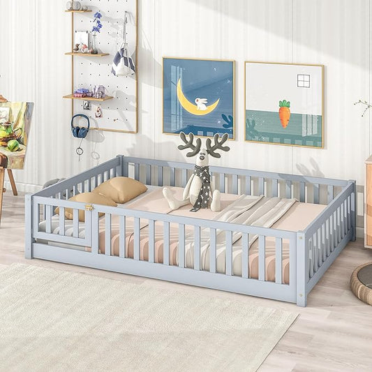 Ball & Cast Full Size Montessori Floor Bed,Wooden Floor Bed Frame with Wood Slats,Montessori Toddler Bedframe W/Door and Safety Guardrails for Girls Boys,Bedroom,Playroom,No Box Spring Needed,Grey