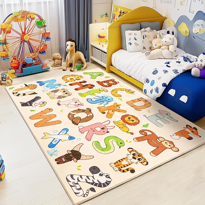 Kids Rugs for Playroom, 4x5 Feet Educational Rug for Learn The ABC Alphabet, Soft Machine Washable Non-Slip Cute Animal Carpet for Classroom Toddler Nursery Kids Room Decor Mat, Beige
