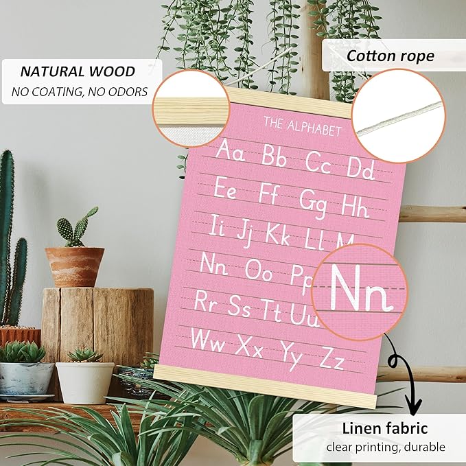 BONETAT Numbers alphabet poster for Nursery Toddlers,Correct Letter Formation on Line Paper, Play Room Wall Decor,ABC Wall Chart,Preschool Homeschool Decor Kids Wall Decor,Wooden Alphabet Banner-A08