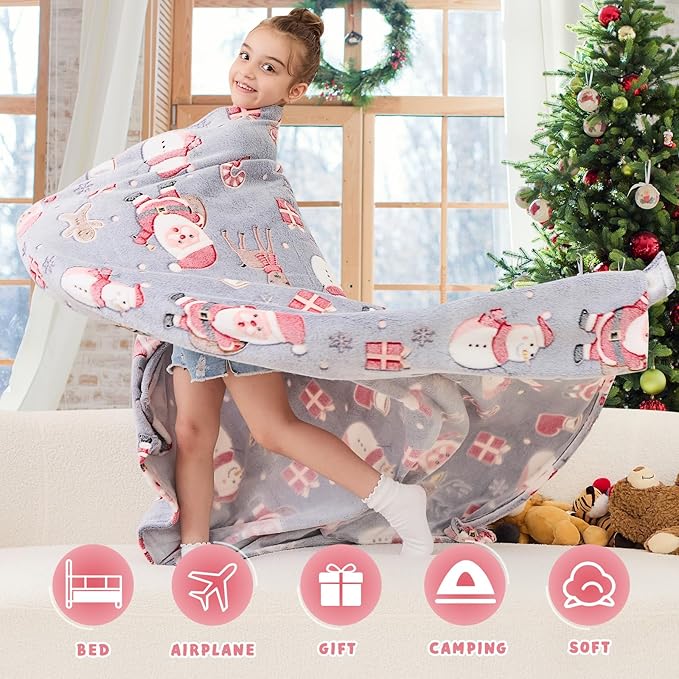 inhand Christmas Blanket,Glow in The Dark Blanket for Kids/Girls/Boys/Toddler Soft Flannel Red Santa Claus Gingerbread Candy Canes Christmas Throw Blankets for Age 3 4 5 6 7 8 9 10 11 12 13 Year Old