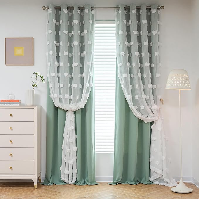 MYSKY HOME Kids Curtains for Boys Bedroom Room Darkening Grommet Double Layer Curtains for Son Room Decor 63 Inches Long White Pom Pom Sheer Blackout Curtains 2 Layers Aqua 52 x 63 Inch 2 Panels