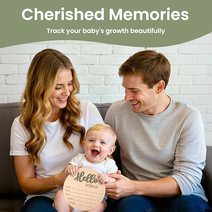 Baby Announcement Sign with Pen, 5.9 Inch Wooden Hello World Newborn Sign for Hospital, 3D Birth Announcement Board, Welcome Baby Name Signs for Nursery, Newborn Gift for Boy & Girl,Green