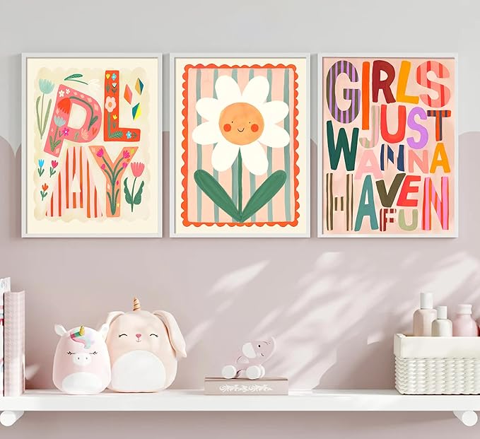 Boho Floral Sun Nursery Wall Art Girls Just Wanna Have Fun Positivity Affirmation Rainbow Print Playroom Classroom Counseling Office wall decor Play Poster for Kids Bedroom, 12x16 Inch, Set of 3