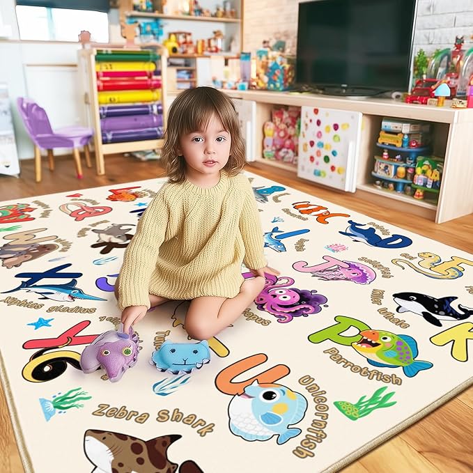 Kids Playroom Rug, 7x9 Feet Educational Rug for Learn The ABC Alphabet, Soft Machine Washable Non-Slip Cute Marine Organisms Carpet for Classroom Toddler Nursery Kids Room Decor, Beige