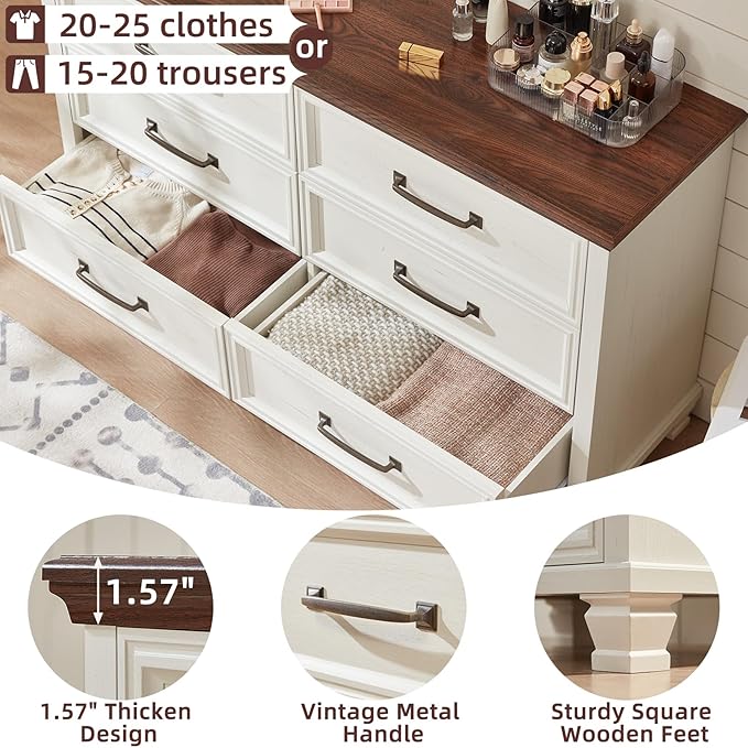 Farmhouse 6 Drawer Dresser for Bedroom, 54 inch Wide Large Vintage Chest of Drawers with Square Solid Wood Legs, Rustic TV Stand for Living Room, Wooden Storage Dressers for Hallway, White