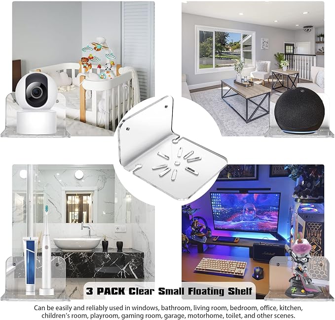SIPRDE Acrylic Small Wall Shelf Set of 3 for Security Cameras, Speakers, Baby Monitors & More - 4'' Universal Adhesive Shelf Easy to Install No Drill, with Cable Clips (Clear)