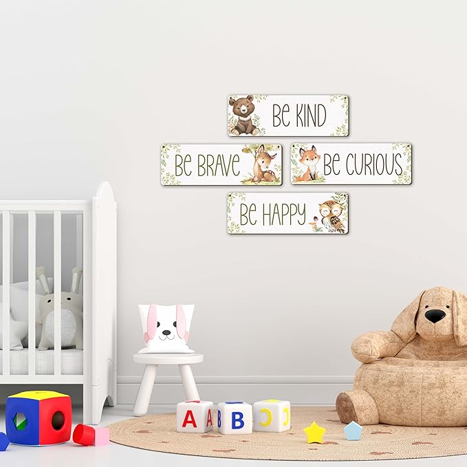 Woodland Nursery Decor, Jungle Safari Animals Boysroom Wall Sign Art, Be Kind Brave Curious Happy Decorations for Kids Boys, 4 Pieces Wood Sign, 3.9x11.8 In-A03