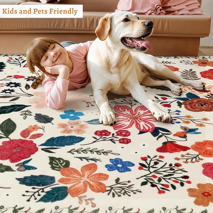 Tangsoo 5x7 Area Rug for Living Room Bedroom, Non Slip Machine Washable Boho Floral Rug, Low Pile Large Floor Carpet Indoor Mats for Kids Room, Farmhouse, Dining Room, Office(Beige/White)