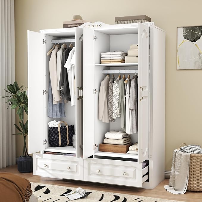 White Armoire Wardrobe Closet with Drawers: 74" Large Wardrobe Closet with 4 Doors and 2 Drawers, Bedroom Armoires with Hanging Rod, Wooden Armoire Closets for Hanging Clothes (White, 59")