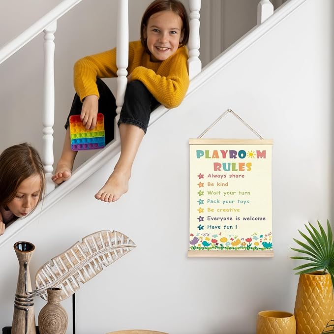 Hiuwevt Boho Playroom Rainbow Poster Hanger Frame, Kids Room Decor, Playroom Rules Colorful Wildflower Wall Art Decor for Toddlers Boys Girls Play Room Nursery Home, 12x16 Inch