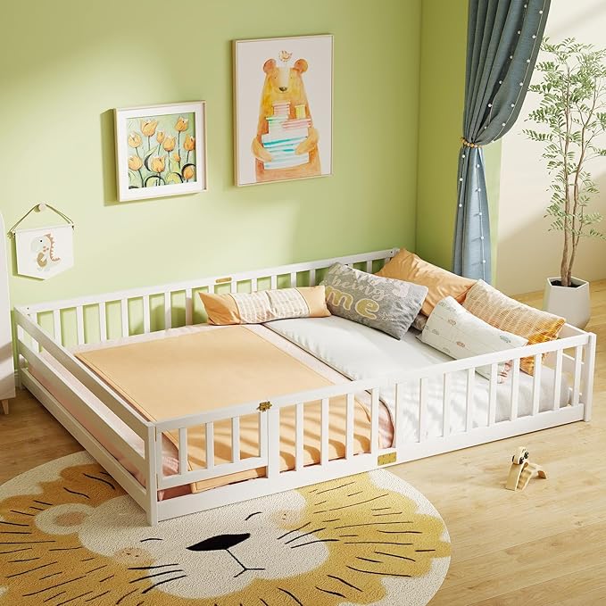 KOMFOTT Queen Size Wood Floor Bed with Door & Fence, Montessori Bed Frame with Full Length Safety Guardrails, Door & Latch, Wooden Montessori Floor Bed for Kids, Girls, Boys (Queen,White)