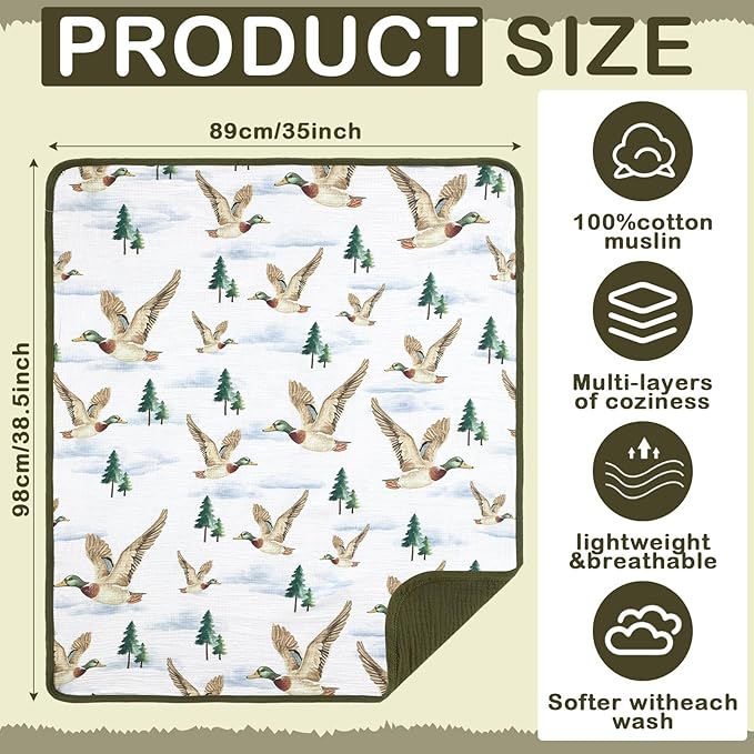 Breling Mallard Muslin Baby Blankets for Girls Boys, 100% Cotton Crib Blanket for Infant Toddler, 40 x 36 Inch Soft and Lightweight Nursery Swaddling Wrap