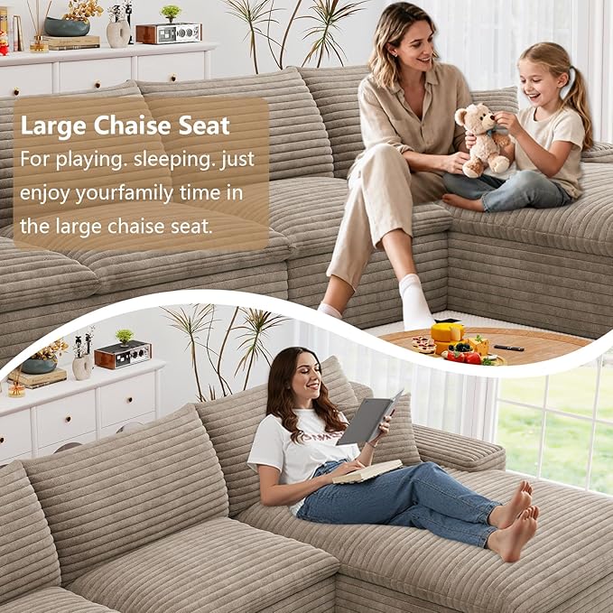 Cloud Sectional Couch,136 Inch Modular Sectional Sofa with Deep Seat, Modern Corduroy Boneless Couches with L-Shape Chaise for Living Room Bedroom, No Assembly Required (Camel, Right Facing Chaise)