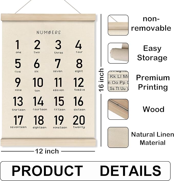 HRQKO Alphabet Numbers Poster Hanger Frame Set of 2, Nursery Wall Decor, Black ABC Poster Wall Art with Wooden Frames, Alphabet Banner Wall Hanging Decor for Boy Toddler Room Playroom, 12x16 Inch
