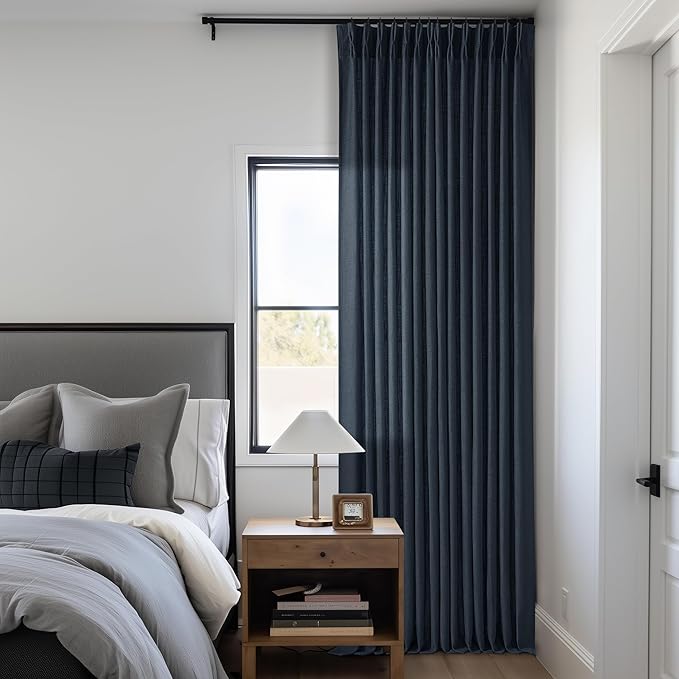 Navy 90 Inch Linen Curtains Pinch Pleated for Living Room Bedroom Dining Boho Modern Light Filtering Pinch Pleat Drapes Hooks Rings Back Tab Semi Sheer Dark Blue Indigo Window Curtains 2 Panels