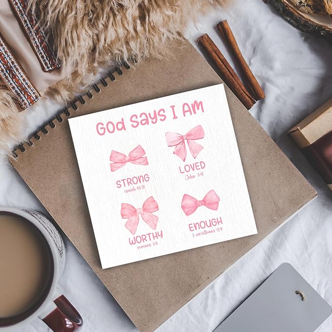Preppy Coquette Bow Christian Wood Box Sign - Bible Verse Desk Shelf Decor, Coquette Room Decor, Pink Inspirational Christian Wooden Block Plaque Box Sign for Girl Room Nursery Dorm Decorations