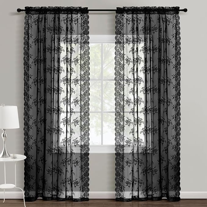 Kotile Black Lace Curtains 54 Inch Length 2 Panels, Country Rustic Floral Pattern Gothic Sheer Curtains for Bedroom, Rod Pocket Vintage Privacy Sheer Lace Curtain, 42 x 54 Inch, 1 Pair, Black