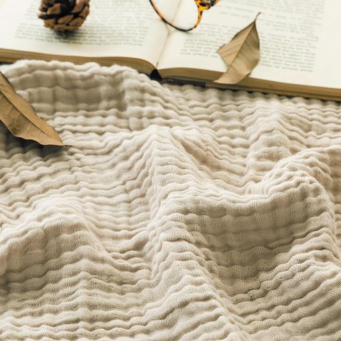 EMME Cotton Throw Blanket for Couch Soft Muslin Blankets 50"x60" Lightweight Breathable Blanket Light Tan All Season Gauze Blanket