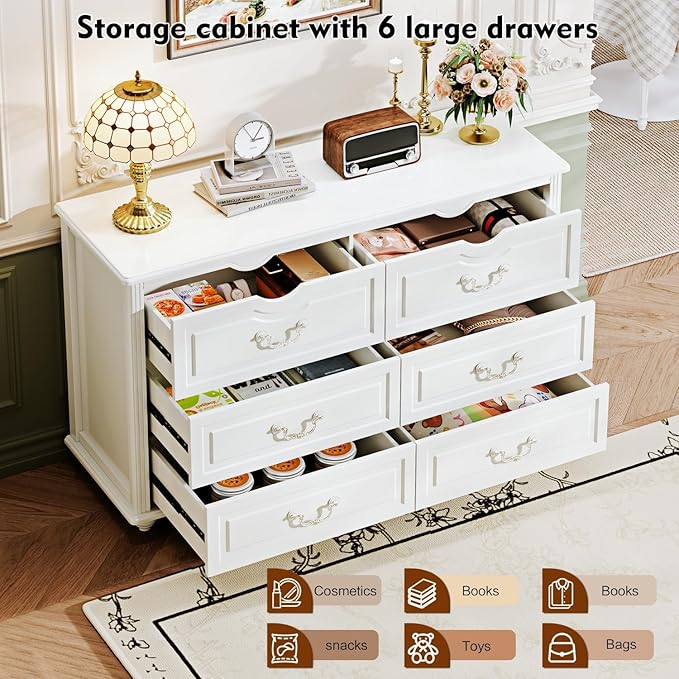 Modern 6 Drawers Dresser Chests for Bedroom,TV Stand,47.2 Wide Chest of Drawers with Handle,Clothes Organizer,Large Storage Cabinet for Living Room,Hallway,with Anti-Tipping Device,White