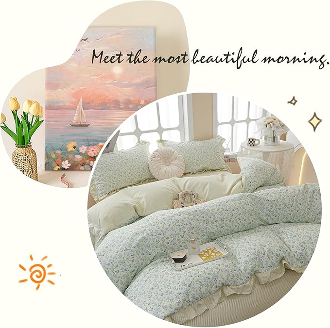 LifeTB Romantic Ruffle Duvet Cover Twin Garden Style Lace Duvet Cover Floral Pattern Blue Flower Comforter Cover Aesthetic Princess Lace Bedding Set 100% Cotton Floral Botanical Comforter Cover Twin