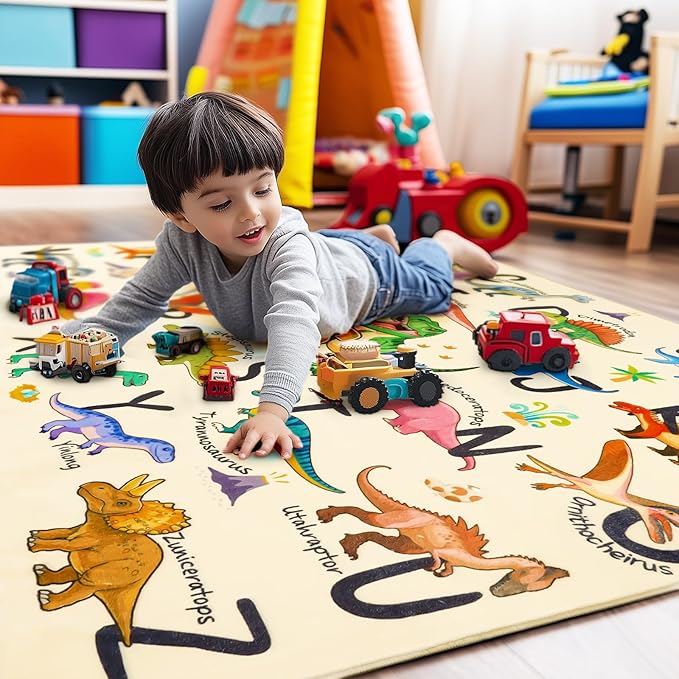 Kids Rugs for Playroom, 3x4 Feet Educational Rug for Learn The ABC Alphabet, Soft Machine Washable Non-Slip Cute Dinosaur Carpet for Classroom Toddler Nursery Kids Room Decor Mat, Beige