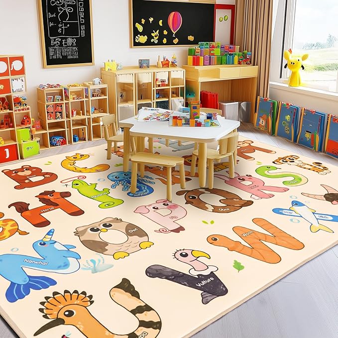 Kids Rugs for Playroom, 7x9 Feet Educational Rug for Learn The ABC Alphabet, Soft Machine Washable Non-Slip Cute Animal Carpet for Classroom Toddler Nursery Kids Room Decor Mat, Beige
